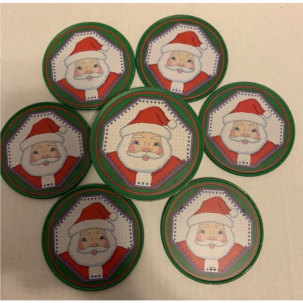 Vintage Metal Santa Coaster Set-Christmas/Holiday-3 1/2" In Matching Tin